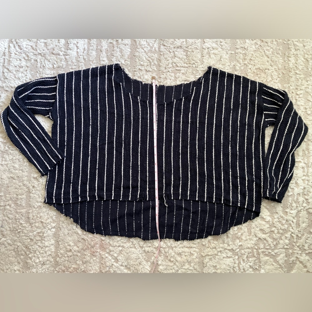 Free People Navy and White Vertical Striped Long Sleeve Top with Raw Edge XS